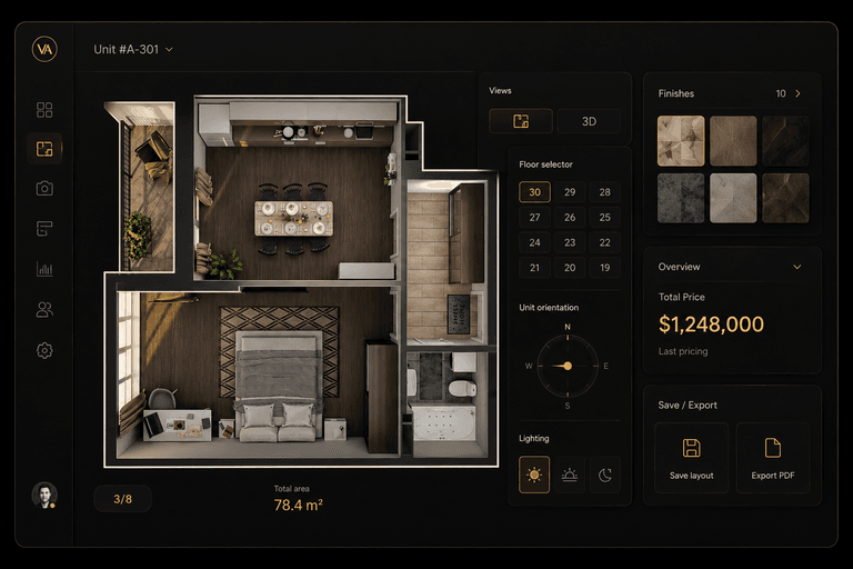 Tablet showing apartment configurator with floor plan and finishes