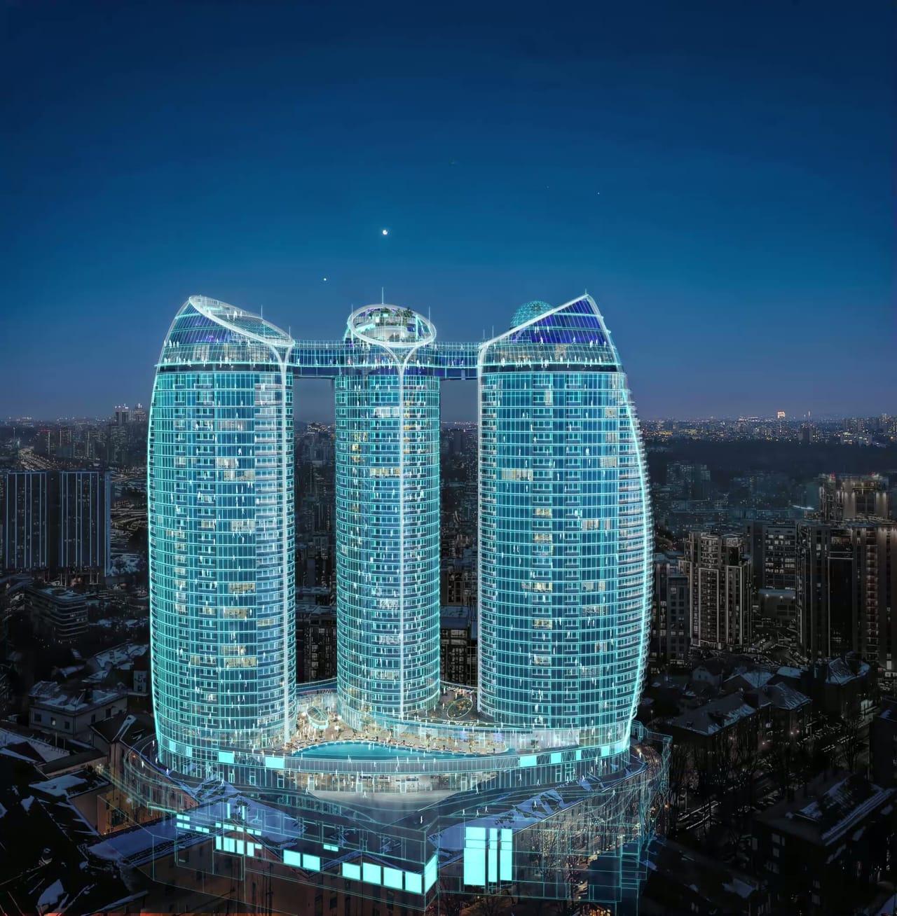 Premium residential building exterior at dusk